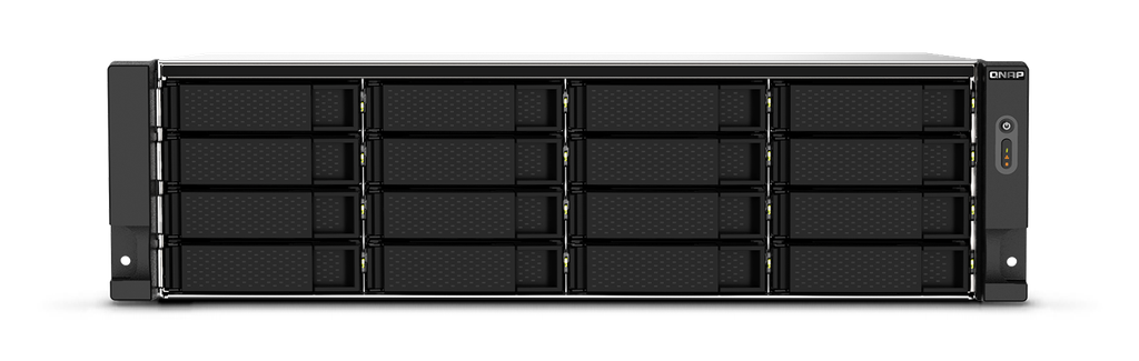 Qnap 16-bay rackmount NAS, AMD Ryzen V1000 series V1500B 4C/8T 2.2GHz, 16GB DDR4 RAM (2 x UDIMM slots, max. 32GB), 2 x 2.5GbE LAN, optional 10GbE & M.2 NVMe/SATA SSD expansion via a PCIe, 2 x PCIe 3.0 x 4 slots, USB 3.2 Gen2 Type-C & Type-A, 2 x 550W PSU 