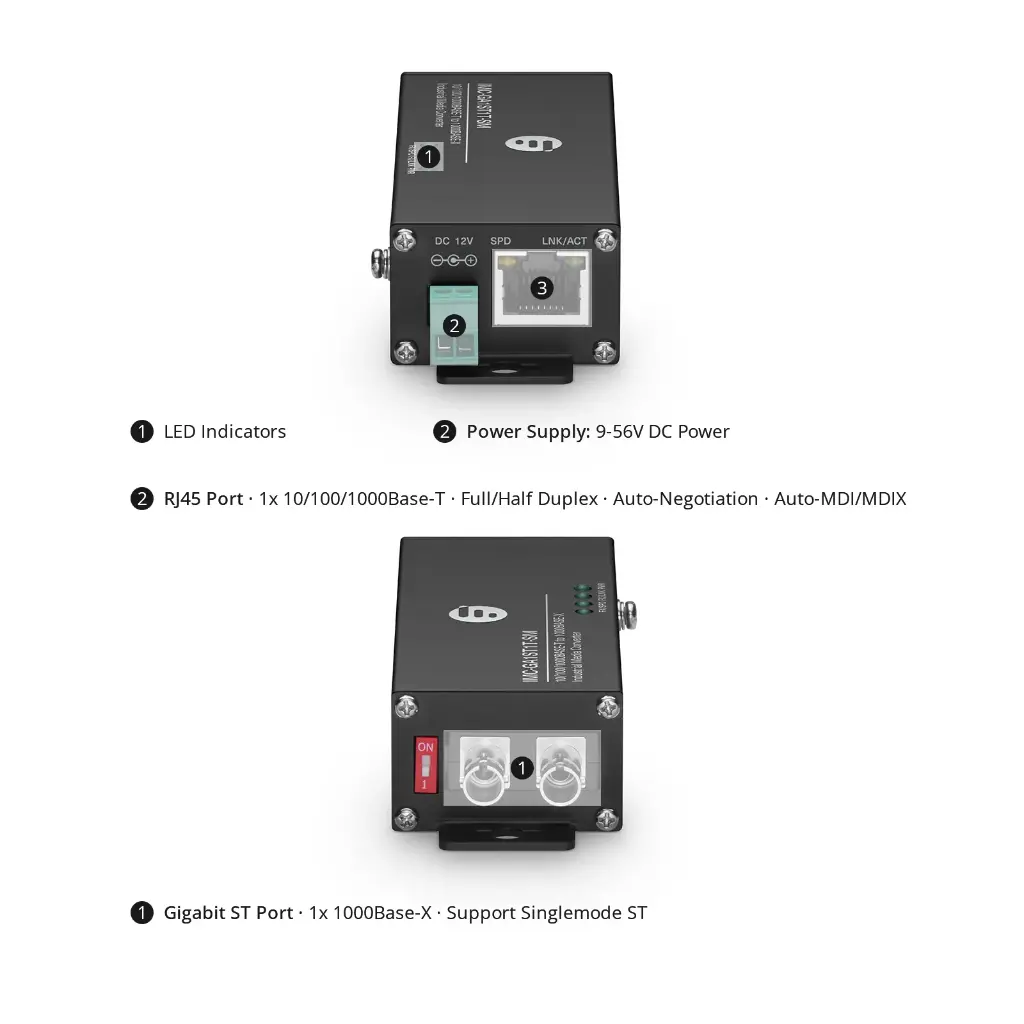 Mini Industrial Unmanaged 1x 10/100/1000Base-T RJ45 to 1x 1000Base-X Single Mode ST 1310nm 20km Gigabit Ethernet Media Converter, American Plug Standard P/N:IMC-GA1ST1T-SM
