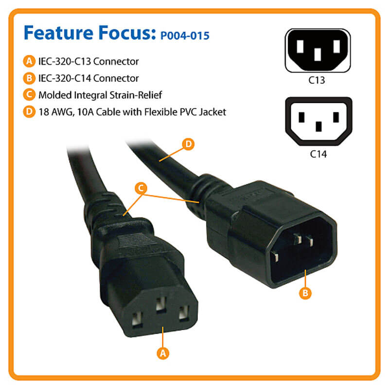 TRIPP LITE POWER CABLE C13-C14 10A F/M 15F/4.57M P004-015