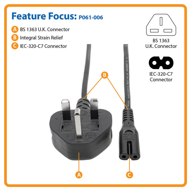 TRIPP LITE COMPUTER POWER CABLE UK 3PIN-C7 2.5A M/F 6F/1.83M P061-006