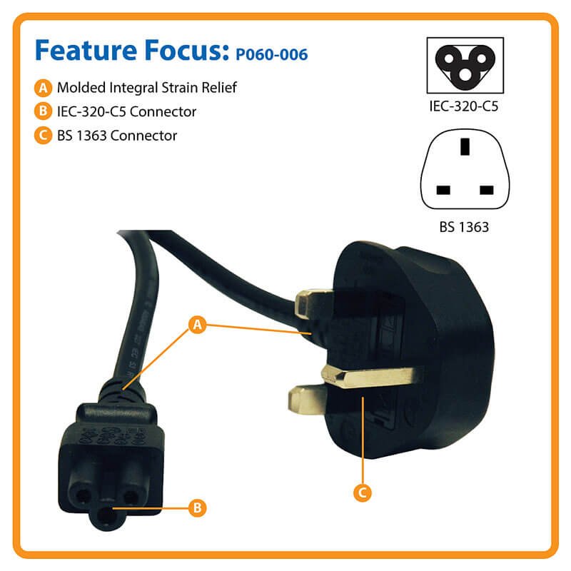 TRIPP LITE COMPUTER POWER CABLE UK 3PIN-C5 2.5A M/F 6F/1.83M P060-006