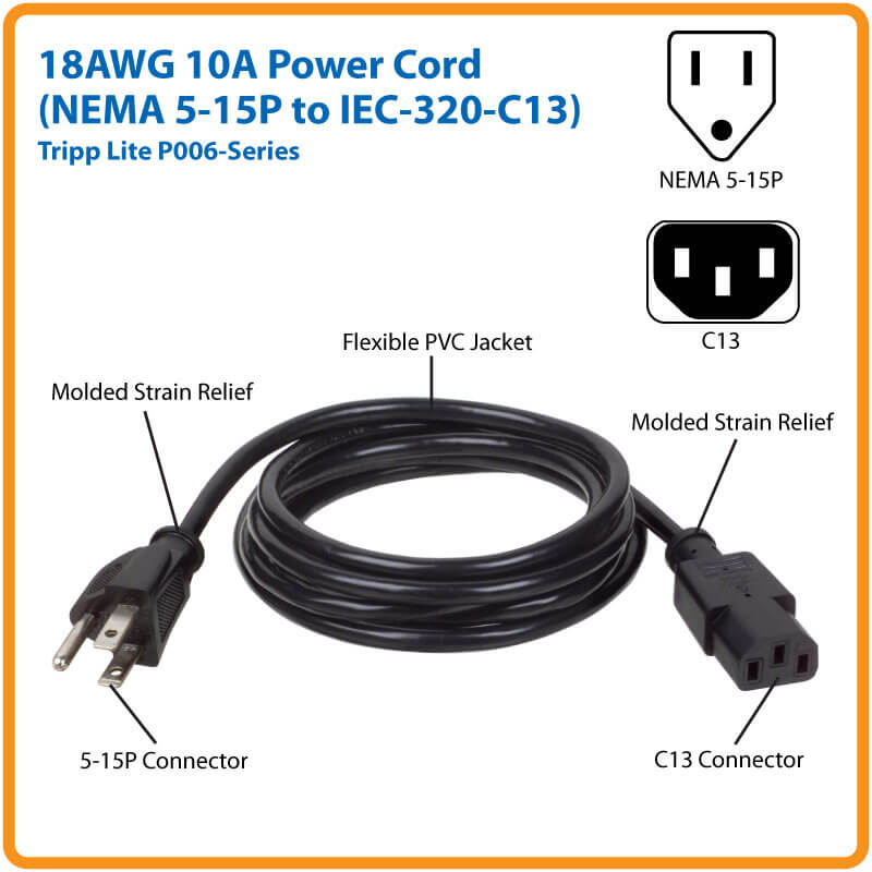 TRIPP LITE COMPUTER POWER CABLE NEMA 5-15P-C13 10A 10F/3.05M P006-010