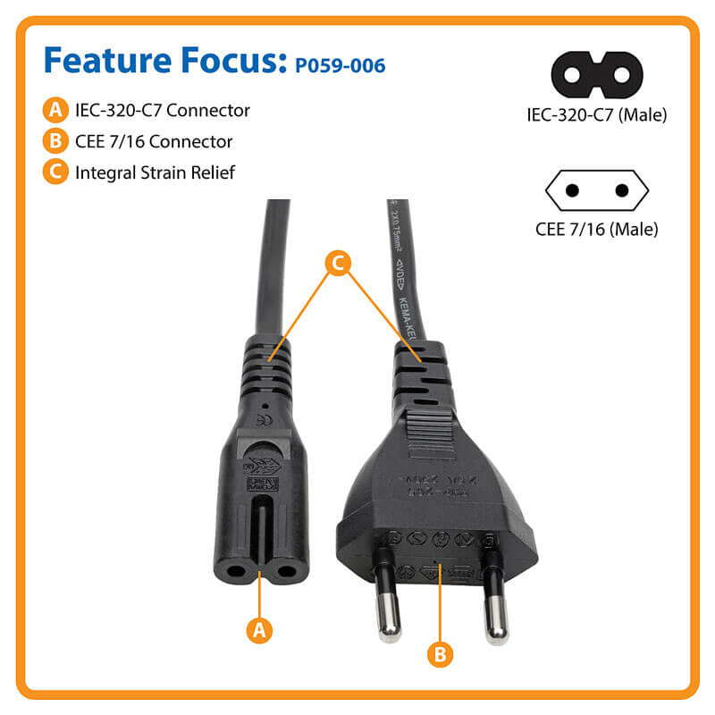 TRIPP LITE COMPUTER POWER CABLE C7-CEE7/7 SCHUKO 2.5A 6F/1.83M P059-006