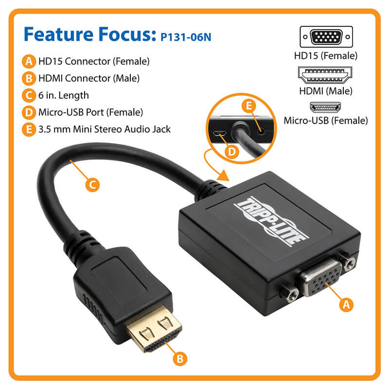 TRIPP LITE HDMI-VGA ADAPTR CABLE M/F 0.5F/15.24CM P131-06N