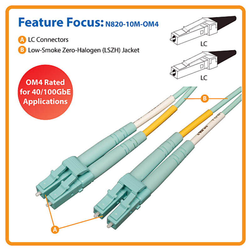 TRIPP LITE FIBER OPTIC CABLE DUPLEX MM 50/125 OM4 LC-LC 10M N820-10M-OM4