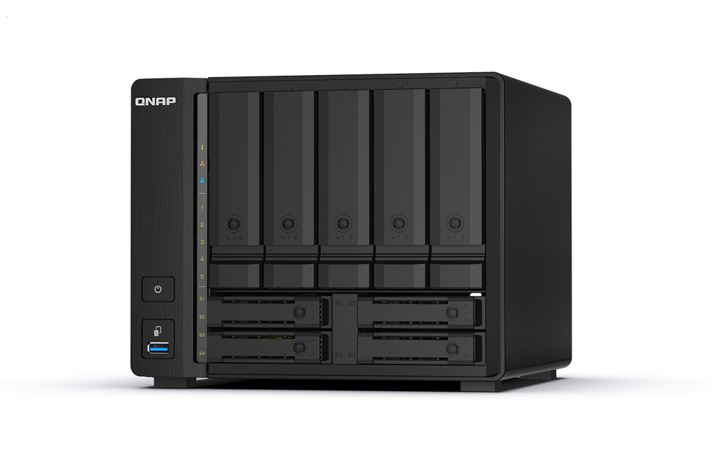 Qnap 9-bay NAS, AMD Ryzen V1500B 4C 8T 2.2GHz, 32GB DDR4 SODIMM, 5 x 2.5"/3.5" SATA 6Gbps