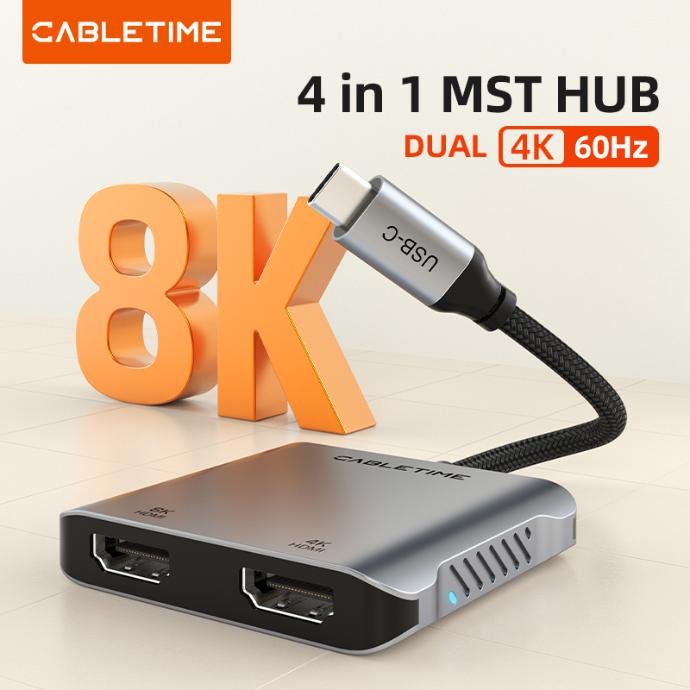 CABLETIME- 8K USB C To Dual HDMI Adapter Dual 4K , 8K30Hz HDMI + 4K60Hz HDMI + USB 2.0 + PD 100W, Support MST, Single 8K30Hz, Dual 4K60Hz, SKU- CT-CM2H8K-AG