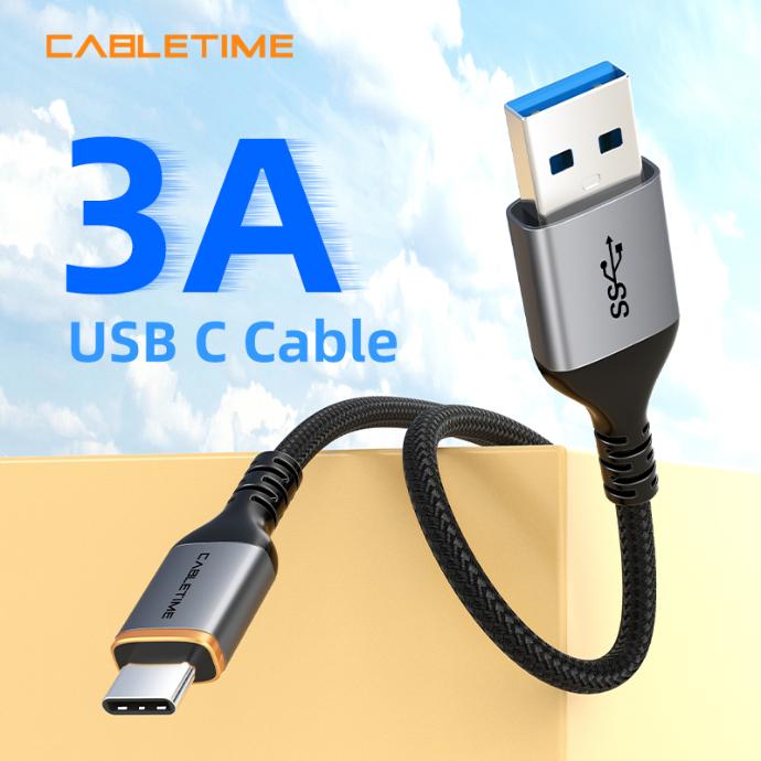 CABLETIME USB 3.0 AM to CM Cable – 5Gbps Data, 3A Fast Charging, Nickel Plated, Braided PVC, Aluminum Housing