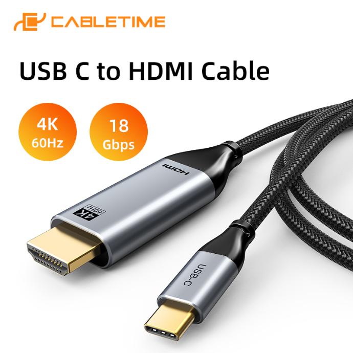 CABLETIME- Premium USB Type C to HDMI Cable, Gold Plated, Support AUDIO-VIDEO 4K/60HZ, Transmission Rate: 18Gbps, Shell: Aluminum +TPE, Wire: [32AWG*2C+EAM]*4P+32AWG*1P+32AWG*4C+28AWG*1C+26AWG*1C+AB, Jacket: Black Braided, OD: 4.5mm, RoHS , SKU- CT-C160-PU31-CMHD2-S3