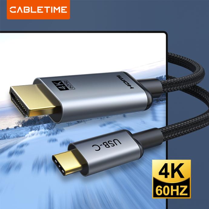 CABLETIME- USB-C to HDMI Cable 4K 60Hz – Premium Gold Plated, Audio Video Support, Aluminum Housing, Braided TPE Jacket