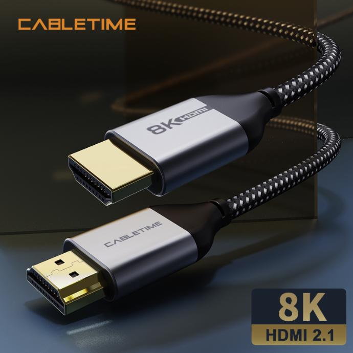 CABLETIME- 8K Premium HDMI 2.1 Cable Coaxial Cable, Wire: UL 32AWG 5P+4C with ALMlar+ 85% Braiding OD4.5mm, Flexilble matt PVC with nylon Jacket, Alumium Housing, Gold plated, Support 8K/60HZ, 4K/144HZ, 48Gbps, ROHS, SKU- CT-AV540-HE21G(C8K)-B1