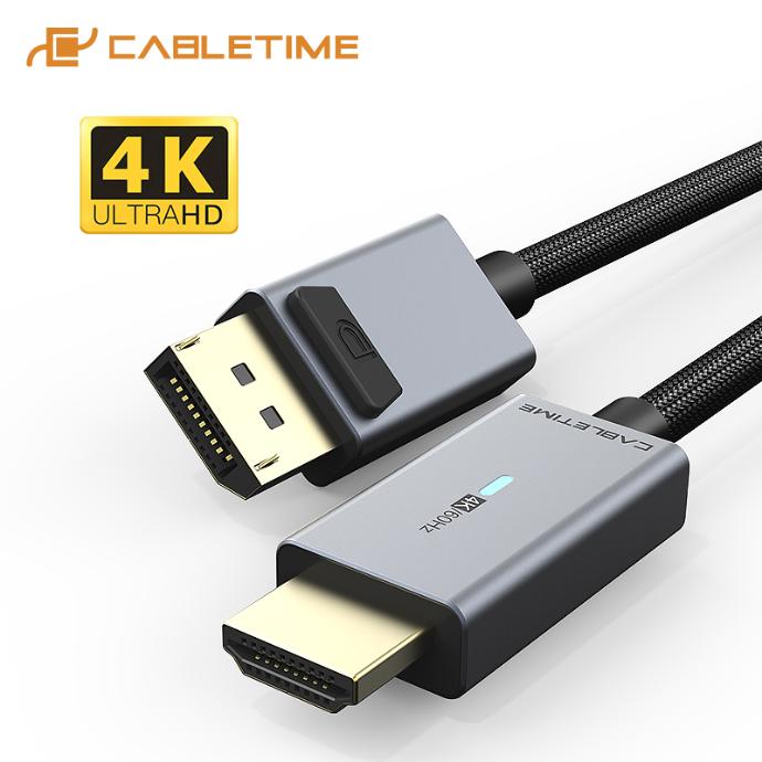 CABLETIME- Premium DisplayPort to HDMI Cable, Male/Male, Gold Plated, Support 4K/60HZ(3840*2160p), Shell: Alumiunm Shell with LED, Wire: UL 32AWG 5P+5C with ALMlar+ 85% Braiding OD5.2mm, Flexilble matt PVC, Black PVC with Nylon Jacket, SKU- CT-AV585-P02G4K60-S3