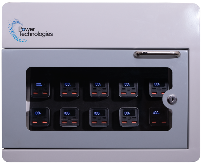 POWER TECHNOLOGIES 10 Bay Secure Battery Charging Cabinet w/ 5 Power Bank Batteries - 220V UK, MODEL- PowerVault-10/5, SKU- CAB-PVS-B10K-U5
