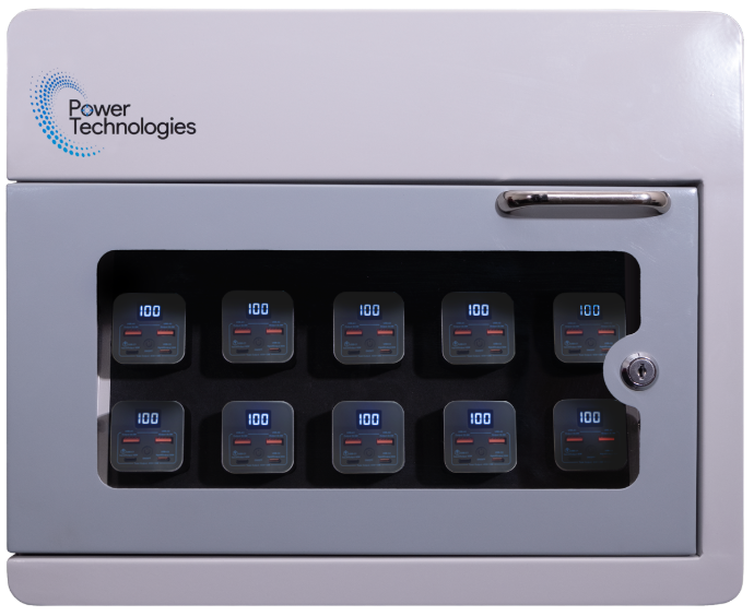 POWER TECHNOLOGIES 10 Bay Secure Battery Charging Cabinet w/ HS Cables - UK, MODEL- PowerVault+, SKU- CAB-PVS-B10K-UH