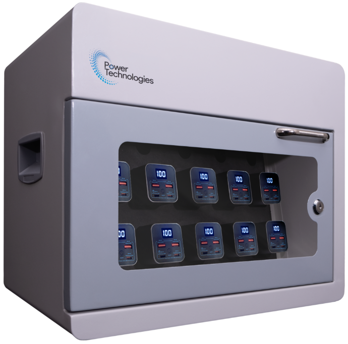 POWER TECHNOLOGIES 10 Bay Secure Battery Charging Cabinet w/ HS Cables w/ 5 Power Bank HS Batteries - NA, MODEL- PowerVault+, SKU- CAB-PVS-B10K-D5H