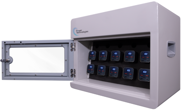 POWER TECHNOLOGIES 10 Bay Secure Battery Charging Cabinet w/ HS Cables w/ 10 Power Bank HS Batteries - NA, MODEL- PowerVault+, SKU- CAB-PVS-B10K-D10H