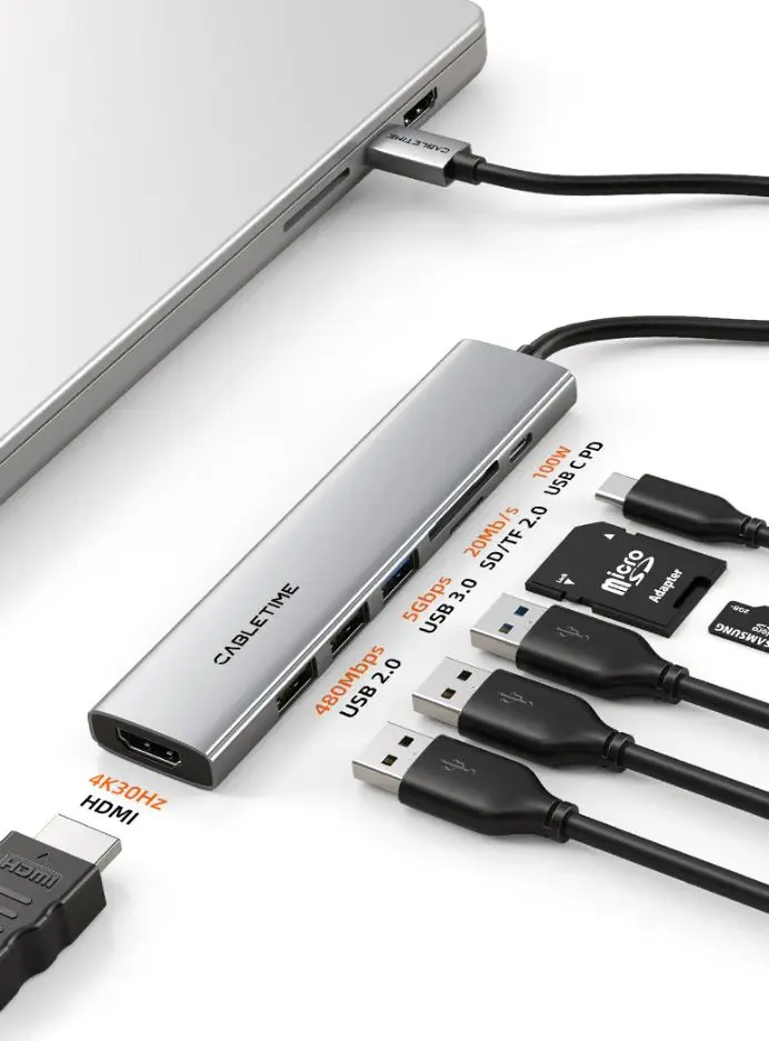 CABLETIME- Ultra Slim Aluminum Multiport 7 IN 1 USB-C Hub for Macbook Pro