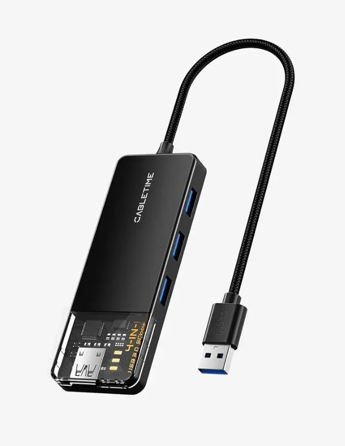 CABLETIME- 4 IN 1 USB3.0 HUB, USB AM TO 4×USB-A 3.0 5Gbps 1×USB C Power, ABS+Acrylic- 0.2 Meter