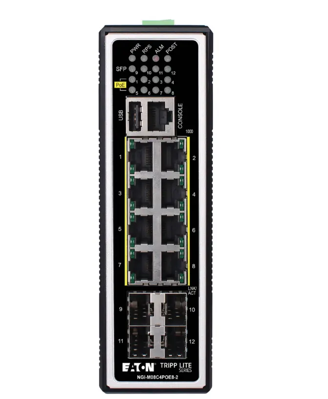 Tripp Lite series 8-Port Managed Industrial Gigabit Ethernet Switch - Layer 2, 1 Gbps, PoE+ 30W, 4 GbE SFP Ports, -40° to 75°C, DIN Mount, TAA   Part Number: NGI-M08C4POE8-2