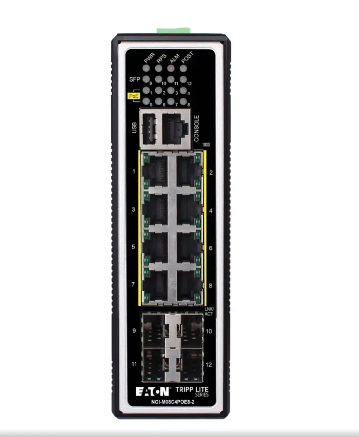 Tripp Lite series 8-Port Managed Industrial Gigabit Ethernet Switch - Layer 2, 1 Gbps, PoE+ 30W, 4 GbE SFP Ports, -40° to 75°C, DIN Mount, TAA   Part Number: NGI-M08C4POE8-2