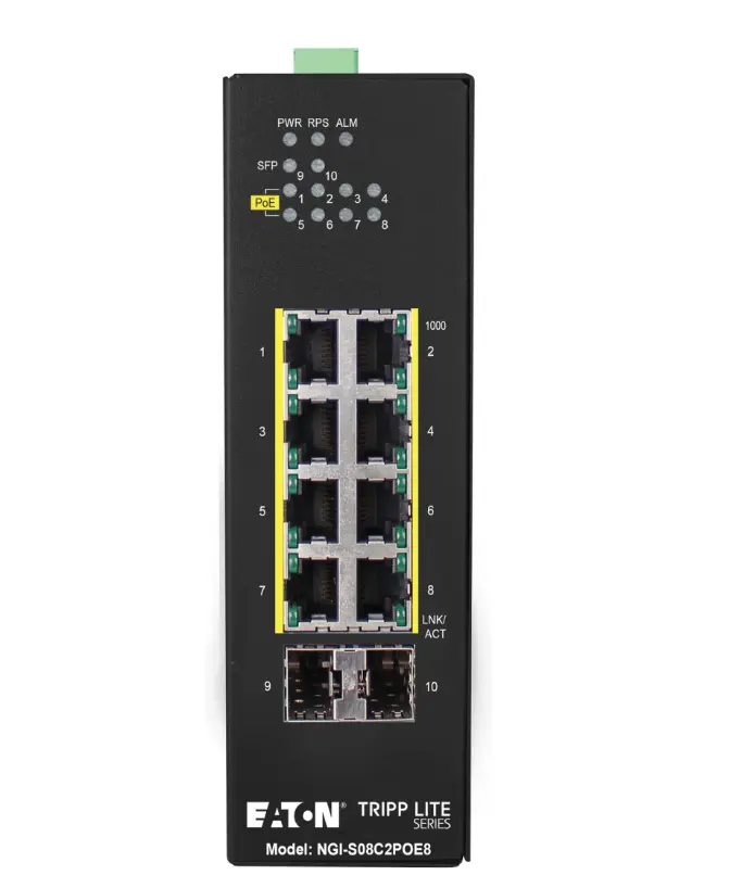 Tripp Lite series 8-Port Lite Managed Industrial Gigabit Ethernet Switch - 10/100/1000 Mbps, PoE+ 30W, 2 GbE SFP Slots, -10° to 60°C, DIN Mount, TAA    Part Number: NGI-S08C2POE8