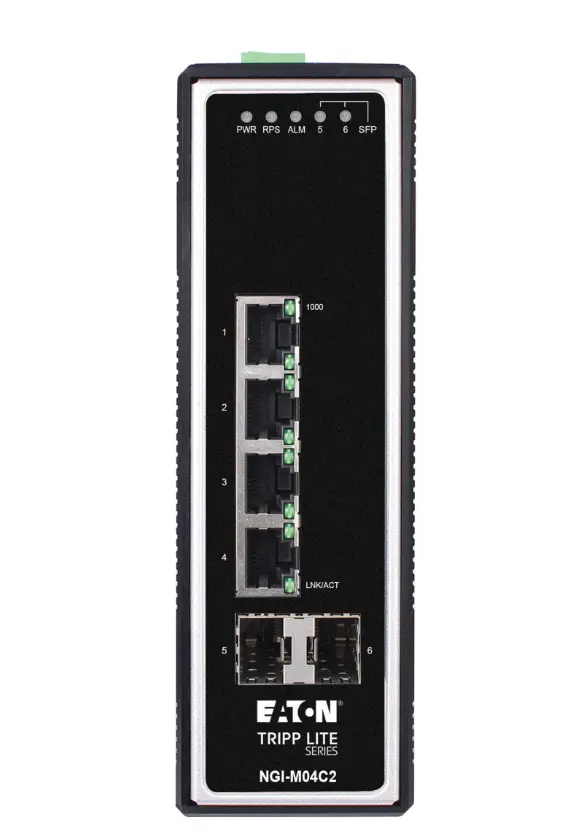 Tripp Lite series 4-Port Managed Industrial Gigabit Ethernet Switch - 10/100/1000 Mbps, 2 GbE SFP Slots, -40° to 75°C, DIN Mount, TAA    Part Number:  NGI-M04C2