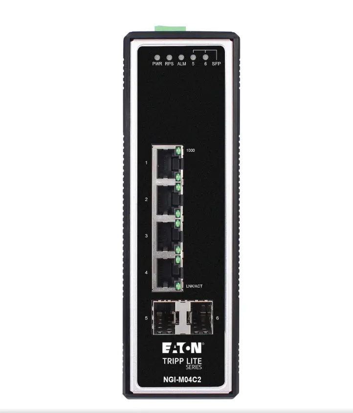 Tripp Lite series 4-Port Managed Industrial Gigabit Ethernet Switch - 10/100/1000 Mbps, 2 GbE SFP Slots, -40° to 75°C, DIN Mount, TAA    Part Number:  NGI-M04C2