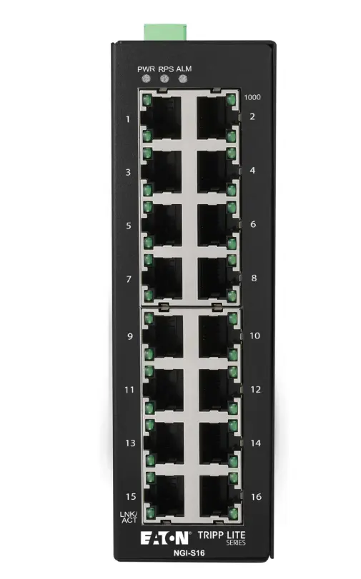 Tripp Lite series 16-Port Lite Managed Industrial Gigabit Ethernet Switch - 10/100/1000 Mbps, -10° to 60°C, DIN Mount, TAA      Part Number:  NGI-S16