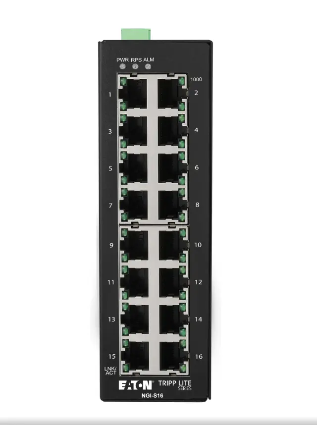 Tripp Lite series 16-Port Lite Managed Industrial Gigabit Ethernet Switch - 10/100/1000 Mbps, -10° to 60°C, DIN Mount, TAA      Part Number:  NGI-S16