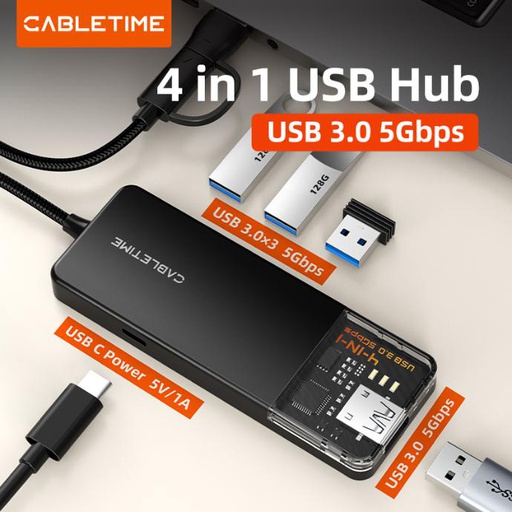 CABLETIME- 4-IN-1 USB A+C to USB 3.0 HUB Input: USB C+ USB A; Output: 4×USB-A 3.0 5Gbps; Material: ABS+Acrylic, SKU-CT-HUBT3-PB