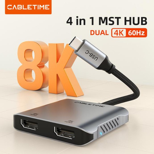 CABLETIME- 8K USB C To Dual HDMI Adapter Dual 4K , 8K30Hz HDMI + 4K60Hz HDMI + USB 2.0 + PD 100W, Support MST, Single 8K30Hz, Dual 4K60Hz, SKU- CT-CM2H8K-AG