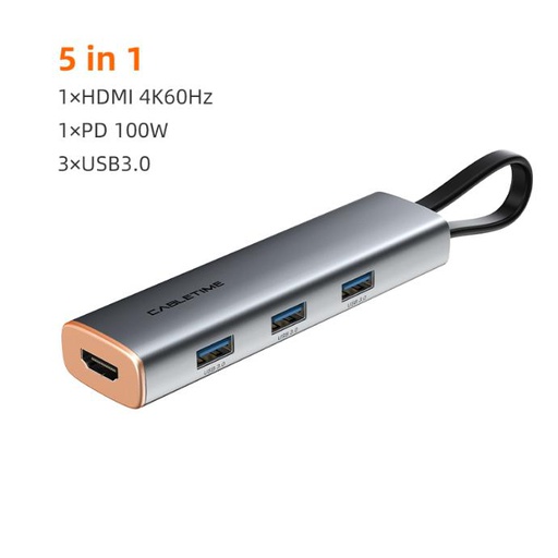 CABLETIME 5-in-1 USB-C Hub - 3x USB 3.0, 4K HDMI 60Hz, 100W PD
