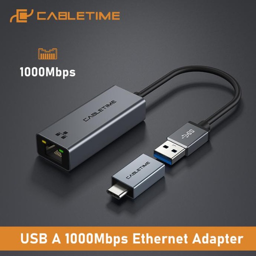 CABLETIME- USB3.0 A to RJ45 1000Mbps Ethernet Adapter, Space Grey, With LED light, Bandwidth：10/100/1000Mbps, Space Grey Aluminum Shell, SKU-CT-AML1000-AG