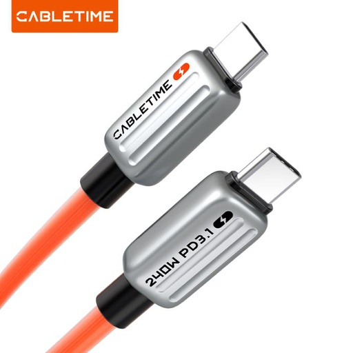 CABLETIME- Magnetic PD240W USB-C Cable 1. Connector: USB C Male Nickle-plated, with E-MARK 2. Current/Voltage：5A/48V  240 3. Transmission Rate：480Mbps 4. Shell: Zinc Alloy Silver, with PD240W Print 5. Jacket: Magnetic Orange Braided 6. Length: 1m , SKUCT-CM240-MZO1