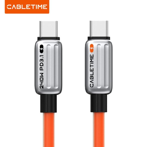 CABLETIME- Magnetic PD240W USB-C Cable 1. Connector: USB C Male Nickle-plated, with E-MARK 2. Current/Voltage：5A/48V  240 3. Transmission Rate：480Mbps 4. Shell: Zinc Alloy Silver, with PD240W Print 5. Jacket: Magnetic Orange Braided 6. Length: 2m , SKU-CT-CM240-MZO2