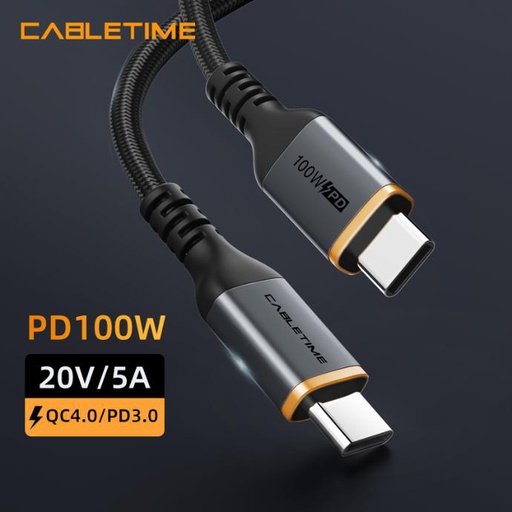 CABLETIME- Alumium USB-C to USB-C PD100W USB2.0 Cable, Male to Male, Nickle-plated, Black With Nylon jacket,100W/5A, WITH E-MARK, Current/Voltage: 5A/20V 100W, Transmission Rate: 480Mbps, Shell: Aluminum Housing (Space Grey), with PD100W Print, Wire: (70/0.10TS+250D)*2C+(19/0.08TS+250D)*4C, Jacket: PVC Black Matte 4.2mm with Nylon Jacket, Certificate: ROHS2, SKU-CT-CM100-AG2