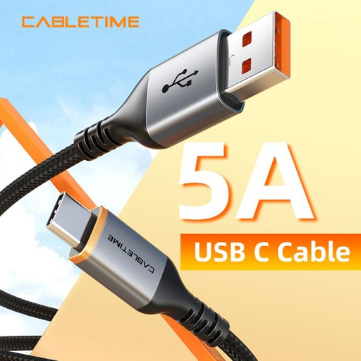 CABLETIME- Alumium USB-A 2.0 to USB-C 5A Super-Fast Charge Cable, AM/CM, Nickle Plated, Purple insulation, With 56kΩ pull-up resistor, Current: 5A Max, Transmission Rate: 480Mbps, Shell: Aliumium Housing (Space Grey), Wire：30AWG*2C+20AWG*2C+AL+B: PVC Jacket Black Matte with Nylon Jacket OD3.8mm, Certificate: CE, ROHS2, REACH, SKU- CT-AMCM5A-AG2