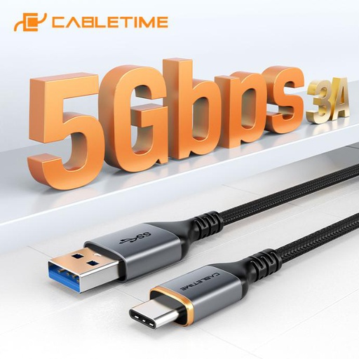 CABLETIME- USB 3.0 AM to CM Cable – 5Gbps Data, 3A Fast Charge, Nickel Plated, Braided PVC, Aluminum Housing