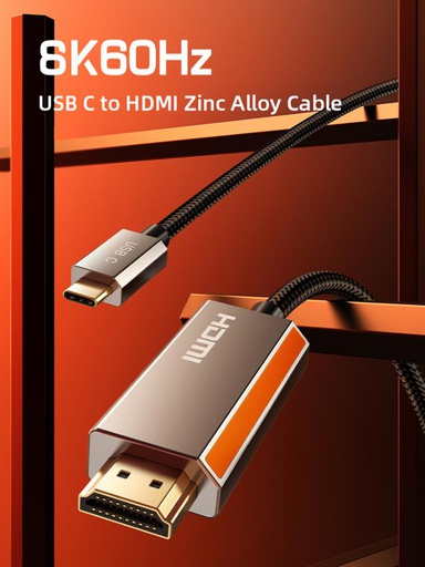 CABLETIME-USB TYPE C to HDMI Cable 8K/60Hz, Male to Male, Gold Plated, Resolution: 8K60Hz 4K144Hz Max, Shell: Zinc Alloy, Wire: USB3.2 CABLE [32#(1/0.20BC)*1P+AL/MY]*4P+32#(1/0.20BC)*1P+32#(1/0.20BC)*4C+24#(7/0.20BC)*1C+D(7/0.20BC)+AL, Jacket:Black Braided, OD:5.1mm, SKU- CT-CMHD8K-ZG1