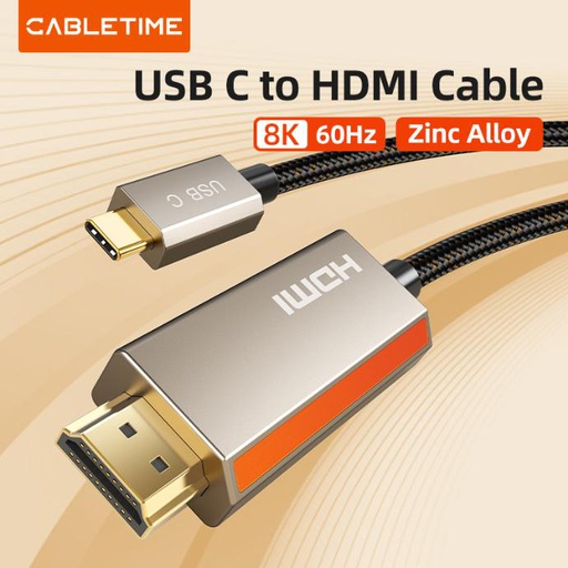 CABLETIME- USB TYPE C to HDMI Cable 8K/60Hz, Male to Male, Gold Plated, Resolution: 8K60Hz 4K144Hz Max, Shell: Zinc Alloy, Wire: USB3.2 CABLE [32#(1/0.20BC)*1P+AL/MY]*4P+32#(1/0.20BC)*1P+32#(1/0.20BC)*4C+24#(7/0.20BC)*1C+D(7/0.20BC)+AL, Jacket:Black Braided, OD:5.1mm, SKU- CT-CMHD8K-ZG2