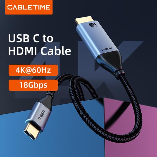CABLETIME- Premium USB Type C to HDMI Cable, Gold Plated, Support AUDIO-VIDEO 4K/60HZ, Transmission Rate: 18Gbps, Shell: Aluminum +TPE, Wire: [32AWG*2C+EAM]*4P+32AWG*1P+32AWG*4C+28AWG*1C+26AWG*1C+AB, Jacket: Black Braided, OD: 4.5mm, RoHS, SKU- CT-C160-PU31-CMHD2-S1