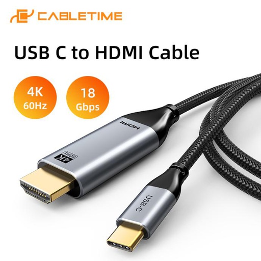 CABLETIME- Premium USB Type C to HDMI Cable, Gold Plated, Support AUDIO-VIDEO 4K/60HZ, Transmission Rate: 18Gbps, Shell: Aluminum +TPE, Wire: [32AWG*2C+EAM]*4P+32AWG*1P+32AWG*4C+28AWG*1C+26AWG*1C+AB, Jacket: Black Braided, OD: 4.5mm, RoHS , SKU- CT-C160-PU31-CMHD2-S3