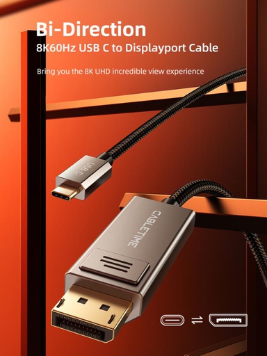 CABLETIME- Bi-Direction USB Type C to DisPlayPort Cable 8K/60Hz, Male to Male, Gold Plated, Resolution: 8K60Hz 4K144HZ Max, Shell: Zinc Alloy, Wire: USB3.2 CABLE [32#(1/0.20BC)*1P+AL/MY]*4P+32#(1/0.20BC)*1P+32#(1/0.20BC)*4C+24#(7/0.20BC)*1C+D(7/0.20BC)+AL, Jacket:Black Braided, OD:5.1mm, SKU- CT-CBD8K-ZG1