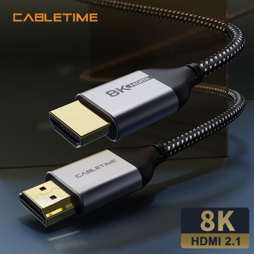 CABLETIME- 8K Premium HDMI 2.1 Cable Coaxial Cable, Wire: UL 32AWG 5P+4C with ALMlar+ 85% Braiding OD4.5mm, Flexilble matt PVC with nylon Jacket, Alumium Housing, Gold plated, Support 8K/60HZ, 4K/144HZ, 48Gbps, ROHS, SKU- CT-AV540-HE21G(C8K)-B1