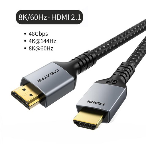 CABLETIME- 8K PVC HDMI 2.1 Cable, Gold plated, Wire: 30AWG (1/0.254BC X 1P+1/0.254TC +AL)X5C+1/0.254BCX4C+AL-foil+1/0.254TC +144#/0.12AL, OD 6.3mm, Shell: Space Grey Aluminum + PVC, Black PVC Jacket with Nylon braided, Support 8K/60HZ/48Gbps, SKU- CT-HD8K-AG2
