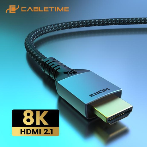 CABLETIME- 8K PVC HDMI 2.1 Cable, Gold plated, Wire: 30AWG (1/0.254BC X 1P+1/0.254TC +AL)X5C+1/0.254BCX4C+AL-foil+1/0.254TC +144#/0.12AL, OD 6.3mm, Shell: Space Grey Aluminum + PVC, Black PVC Jacket with Nylon braided, Support 8K/60HZ/48Gbps, SKU- CT-HD8K-AG1
