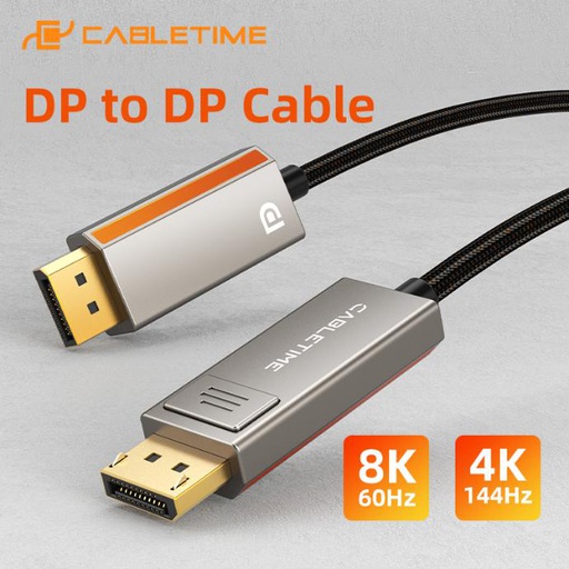 CABLETIME- 8K60Hz DP 1.4 CABLE  1. PORT：DP MALE GOLD PLATED 2.RESOLUTION ：8K60Hz 4K144Hz MAX 3. MATERIAL：ZINC SHELL+BLACK BRAIDED OD5.1mm 4. WIRE：USB3.2 CABLE [32#(1/0.20BC)*1P+AL/MY]*4P+32#(1/0.20BC)*1P+32#(1/0.20BC)*4C+24#(7/0.20BC)*1C+D(7/0.20BC)+AL, SKU- CT-DP8K-ZG2
