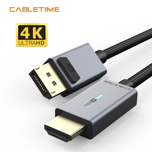 CABLETIME- Premium DisplayPort to HDMI Cable, Male/Male, Gold Plated, Support 4K/60HZ(3840*2160p), Shell: Alumiunm Shell with LED, Wire: UL 32AWG 5P+5C with ALMlar+ 85% Braiding OD5.2mm, Flexilble matt PVC, Black PVC with Nylon Jacket, SKU- CT-AV585-P02G4K60-S1.8