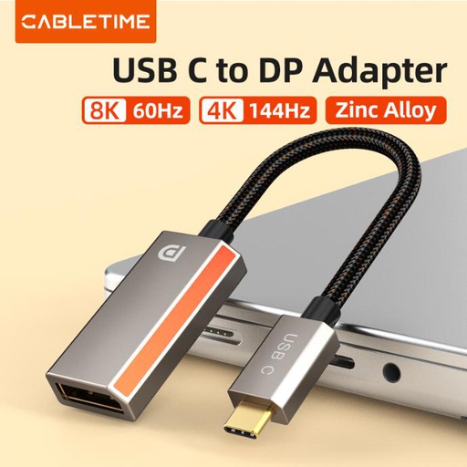 CABLETIME- Zinc Alloy USB C TO DisplayPort Adapter 8K/60Hz, Input: USB-C Male Gold Plated, Output: DP Female, Resolution: 8K60Hz 4K144Hz Max, Shell: Zinc Alloy, Wire: USB3.2 CABLE, Jacket:Black Braided, OD:5.1mm, SKU- CT-CMDF8K-ZG