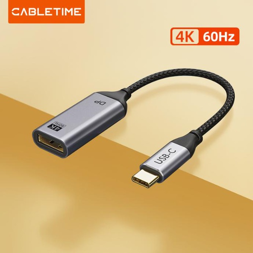 CABLETIME- USB TYPE C to DisplayPort Adapter, Male to Female, Gold Plated with Alumium Housing, Support 4K/60HZ/21.6Gbps, Wire: USB3.1 Coaxial Cable 36+34+26AWG with TC Braiding, Black PVC with Black Nylon Jacket, OD: 3.7mm, SKU- CT-C160-PU31-CMDP1-S0.15